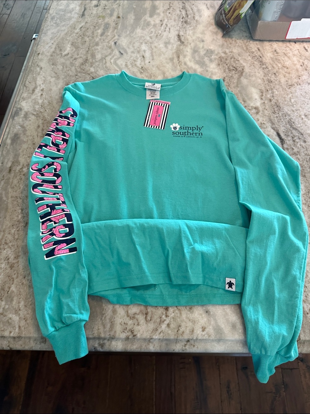 Simply Southern Teal Long Sleeve Graphic Sweatshirt with Pink Sleeve Logo